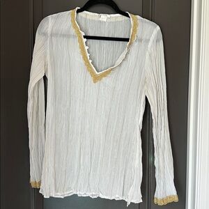 Cache‎ Sheer White Blouse with Subtle Gold Accents Size S